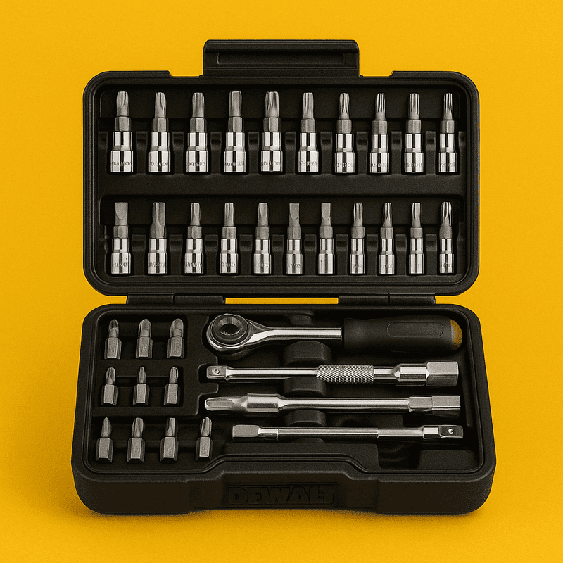 Kit Taladro DeWalt + 2 Baterías + Kit Herramienta 46 Pcs + Kit Broca 20 Pcs Titanio