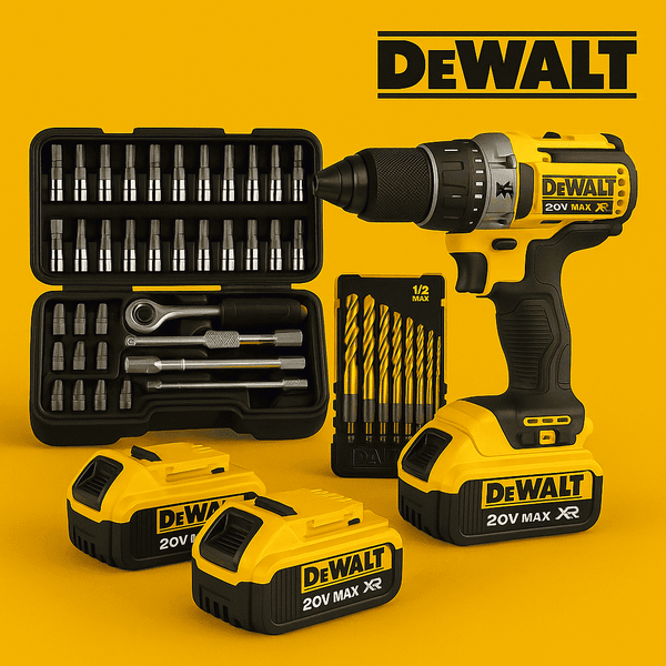 Kit Taladro DeWalt + 2 Baterías + Kit Herramienta 46 Pcs + Kit Broca 20 Pcs Titanio