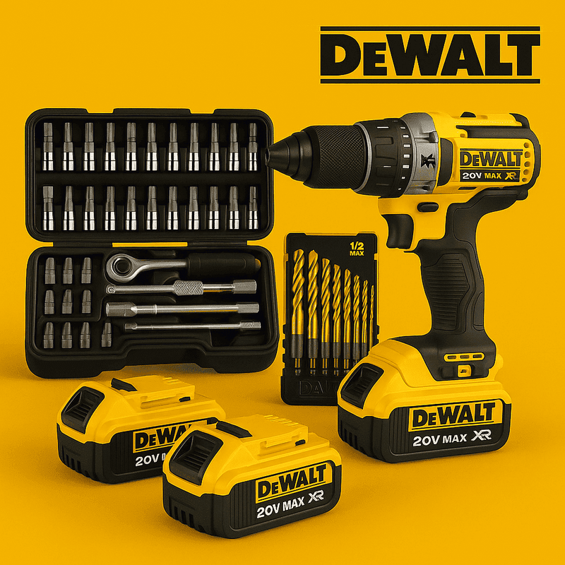 Kit Taladro DeWalt + 2 Baterías + Kit Herramienta 46 Pcs + Kit Broca 20 Pcs Titanio